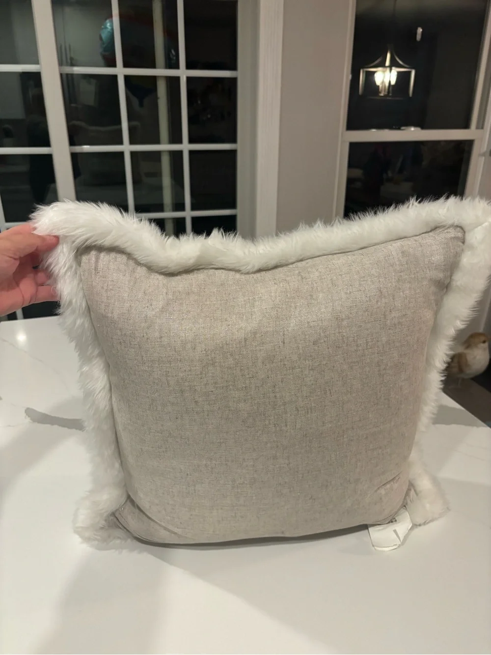 Throw Pillow w Zipper Sham. Gold Sparkled Beige, Gray & White W/ Faux Fur Trim